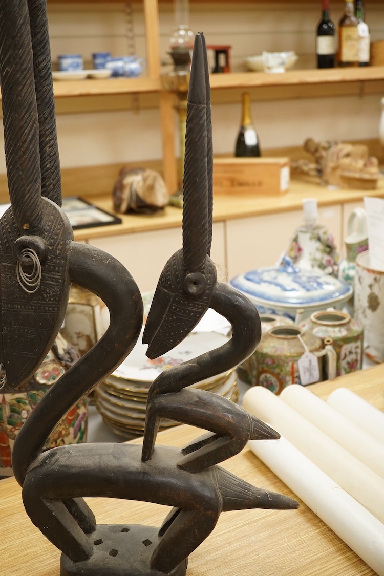 African tribal art interest; a Bambara antelope headdress chiwara, 93cm high